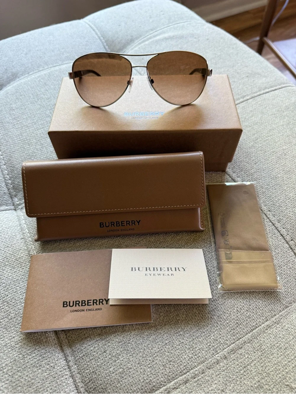 Burberry Gold Frame Brown Gradient Aviator Sunglasses with Signature Temple